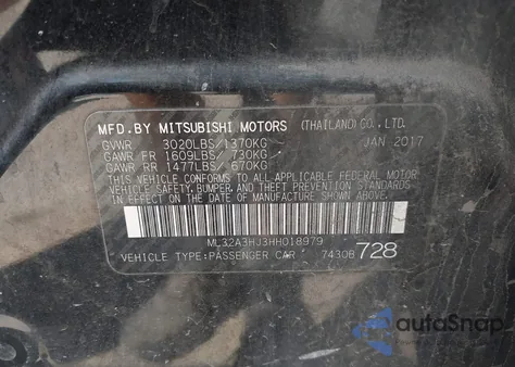 2017 Mitsubishi Mirage Es z USA, uszkodzony, nr VIN ML32A3HJ3HH018979